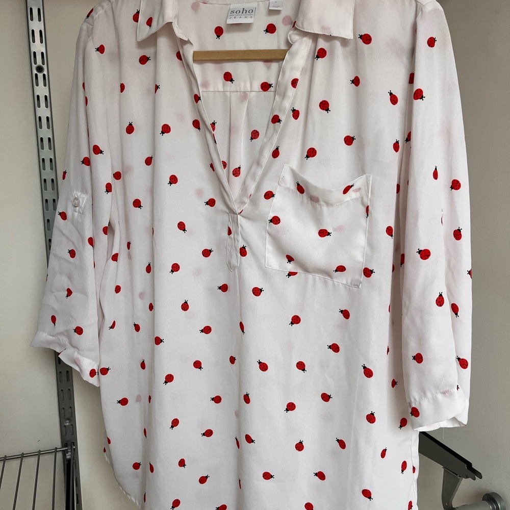 Soho White Top with Red Ladybug Print